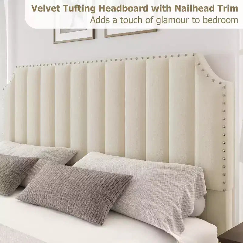 Lit plateforme Queen Velvet – Tête et pied de lit touffetés de 50,2 po, garniture cloutée, sans sommier