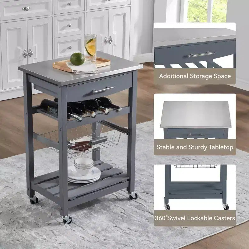 Desserte de cuisine roulante avec tiroir et panier métallique coulissant – 57,8 cm de large, plateau en acier inoxydable