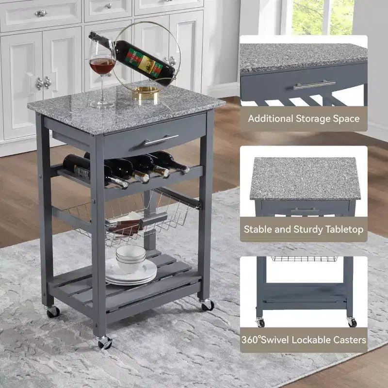 Desserte de cuisine roulante avec tiroir et panier métallique coulissant – 57,8 cm de large, plateau en acier inoxydable