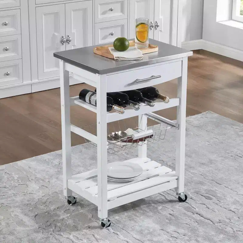 Desserte de cuisine roulante avec tiroir et panier métallique coulissant – 57,8 cm de large, plateau en acier inoxydable