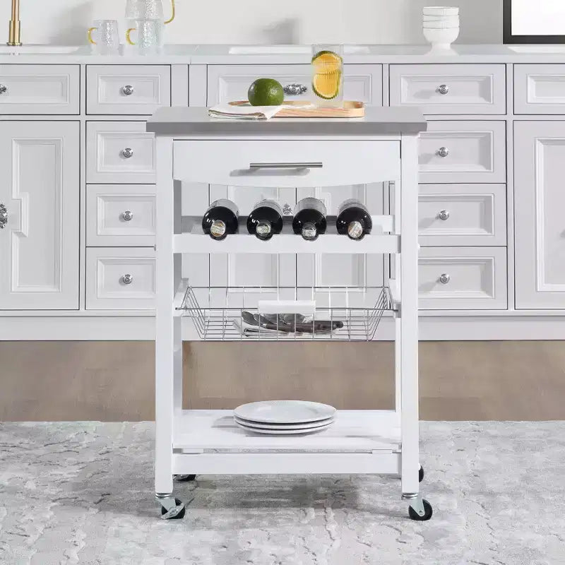 Desserte de cuisine roulante avec tiroir et panier métallique coulissant – 57,8 cm de large, plateau en acier inoxydable