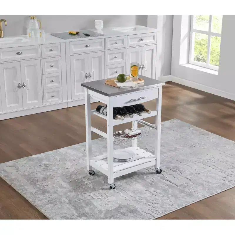 Desserte de cuisine roulante avec tiroir et panier métallique coulissant – 57,8 cm de large, plateau en acier inoxydable