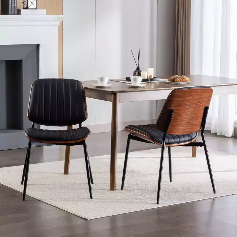 Lot de 2 chaises de salle à manger Mid-Century – Similicuir, dossier en bois courbé de noyer et pieds en métal