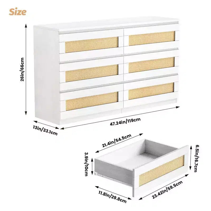 Commode 6 tiroirs en rotin – Commode en bois étroite, 119 cm (L) x 66 cm (H), Chambre et Salon
