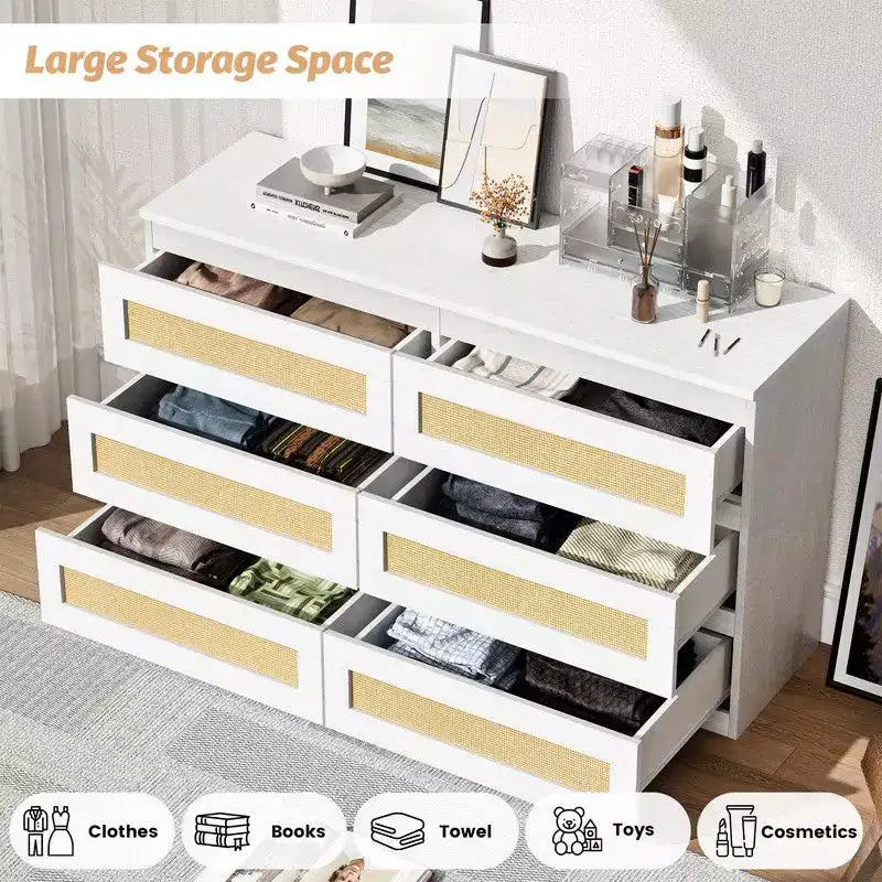 Commode 6 tiroirs en rotin – Commode en bois étroite, 119 cm (L) x 66 cm (H), Chambre et Salon