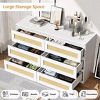 Commode 6 tiroirs en rotin – Commode en bois étroite, 119 cm (L) x 66 cm (H), Chambre et Salon
