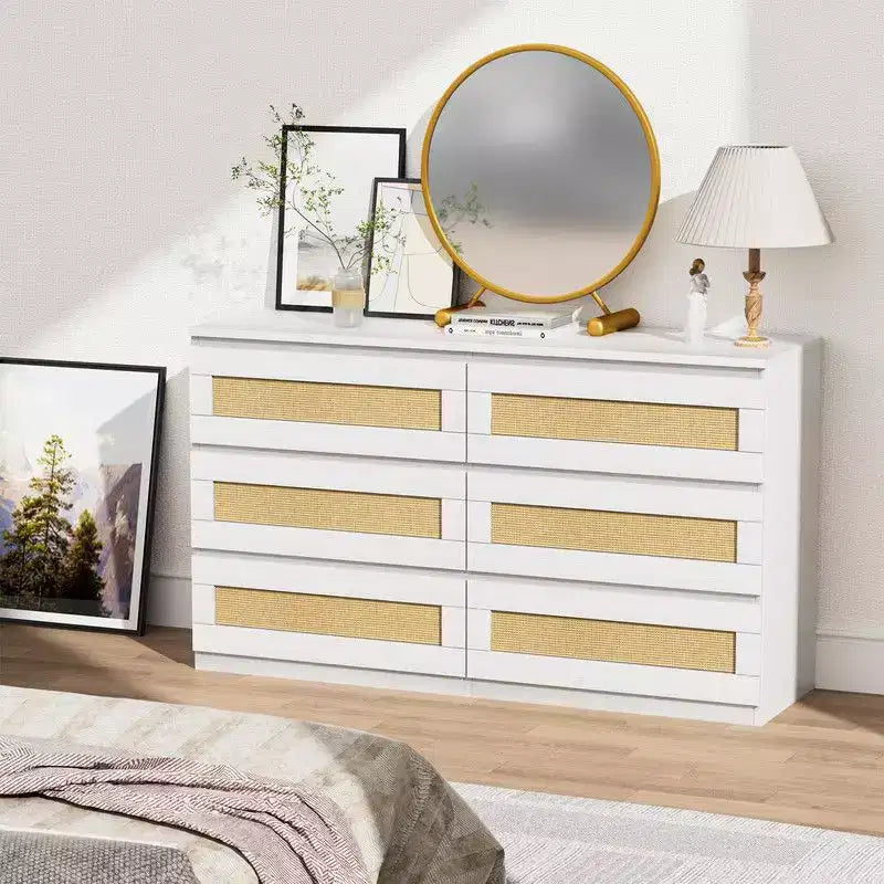 Commode 6 tiroirs en rotin – Commode en bois étroite, 119 cm (L) x 66 cm (H), Chambre et Salon
