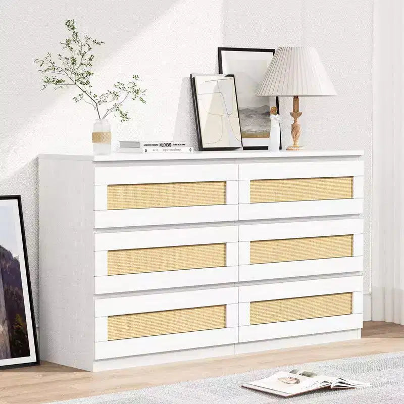 Commode 6 tiroirs en rotin – Commode en bois étroite, 119 cm (L) x 66 cm (H), Chambre et Salon