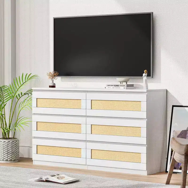 Commode 6 tiroirs en rotin – Commode en bois étroite, 119 cm (L) x 66 cm (H), Chambre et Salon