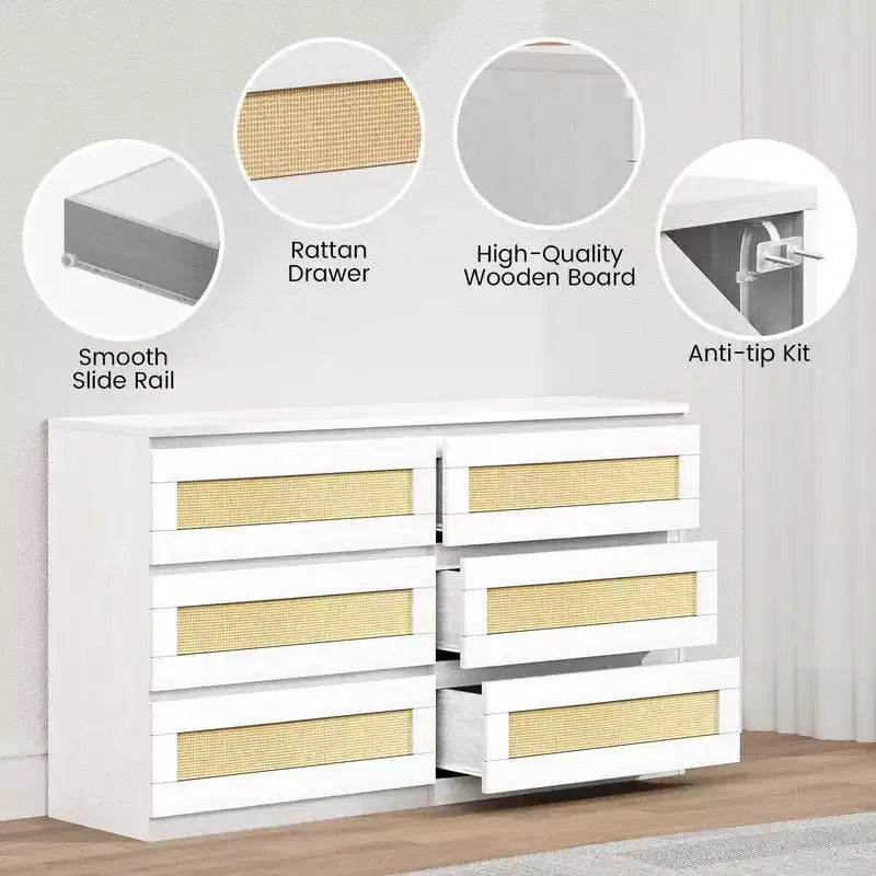 Commode 6 tiroirs en rotin – Commode en bois étroite, 119 cm (L) x 66 cm (H), Chambre et Salon