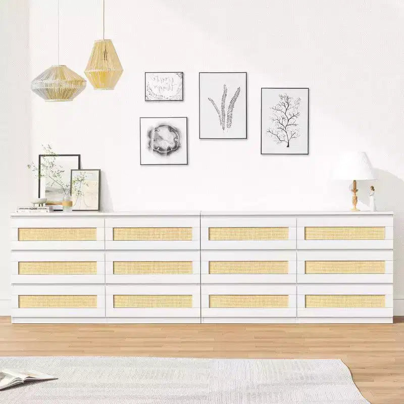 Commode 6 tiroirs en rotin – Commode en bois étroite, 119 cm (L) x 66 cm (H), Chambre et Salon
