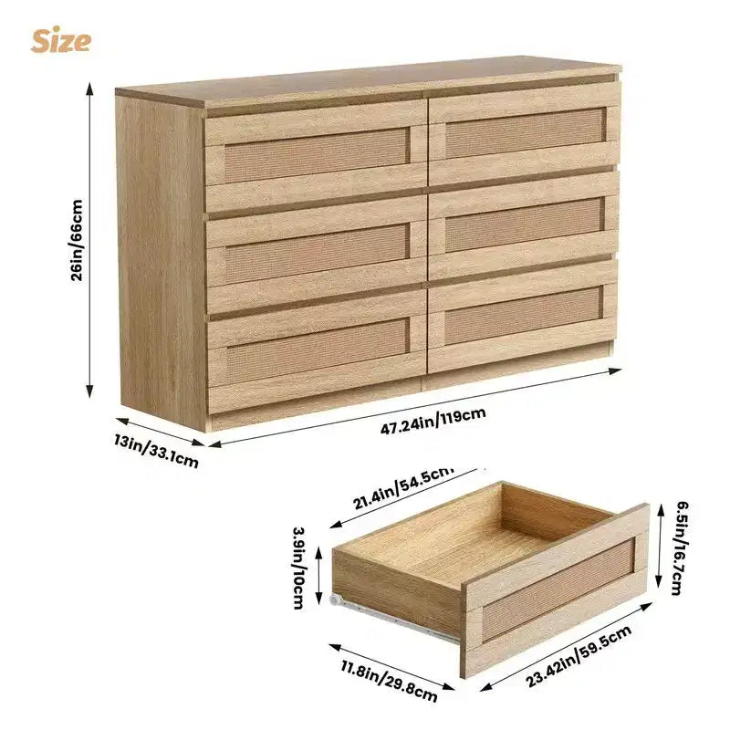 Commode 6 tiroirs en rotin – Commode en bois étroite, 119 cm (L) x 66 cm (H), Chambre et Salon