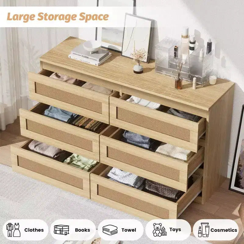 Commode 6 tiroirs en rotin – Commode en bois étroite, 119 cm (L) x 66 cm (H), Chambre et Salon