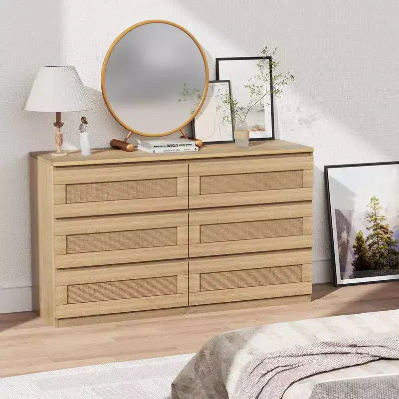 Commode 6 tiroirs en rotin – Commode en bois étroite, 119 cm (L) x 66 cm (H), Chambre et Salon