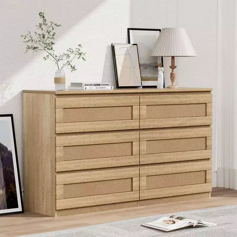 Commode 6 tiroirs en rotin – Commode en bois étroite, 119 cm (L) x 66 cm (H), Chambre et Salon