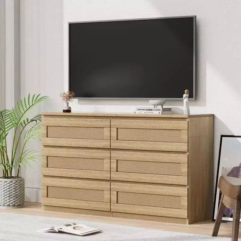 Commode 6 tiroirs en rotin – Commode en bois étroite, 119 cm (L) x 66 cm (H), Chambre et Salon