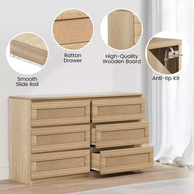 Commode 6 tiroirs en rotin – Commode en bois étroite, 119 cm (L) x 66 cm (H), Chambre et Salon