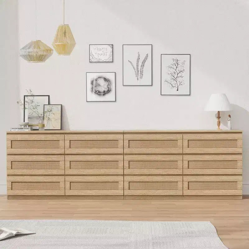 Commode 6 tiroirs en rotin – Commode en bois étroite, 119 cm (L) x 66 cm (H), Chambre et Salon