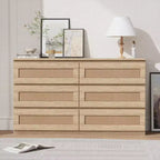 Modern Rattan 6-Drawer Dresser for Bedroom - Slim Wooden Chest of Drawers, Durable Freestanding Storage Organizer Cabinet