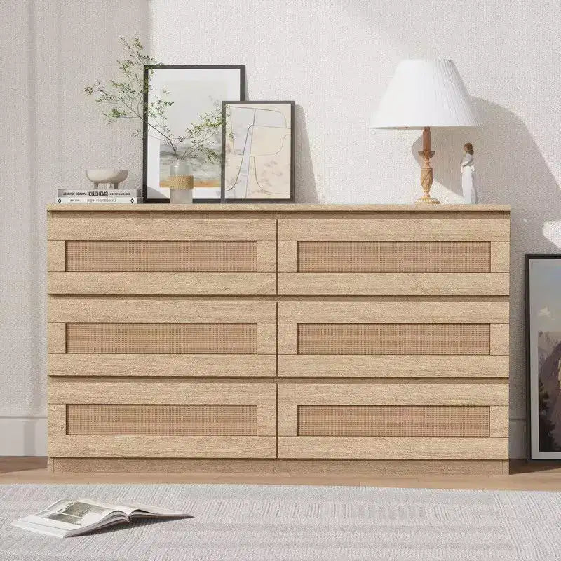 Modern Rattan 6-Drawer Dresser for Bedroom - Slim Wooden Chest of Drawers, Durable Freestanding Storage Organizer Cabinet