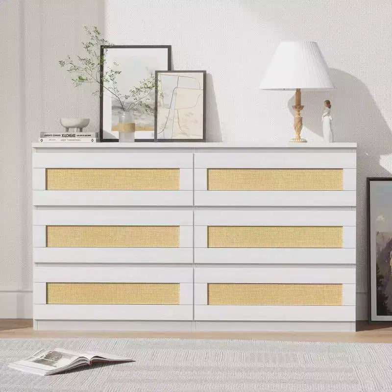 Commode 6 tiroirs en rotin – Commode en bois étroite, 119 cm (L) x 66 cm (H), Chambre et Salon