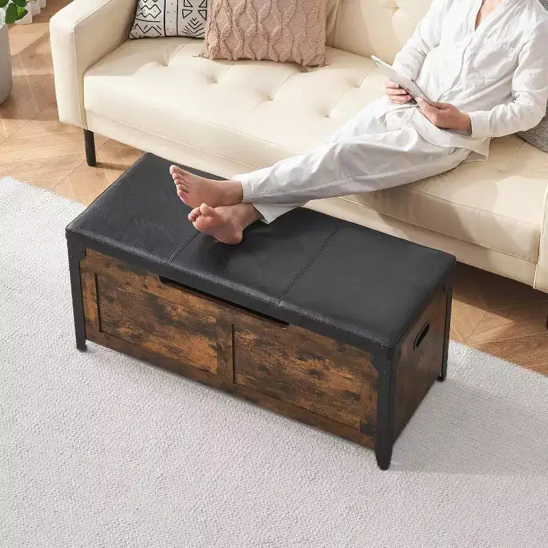Banc de rangement rétro avec charnières de sécurité – Capacité de 136 kg, Pouf d'entrée