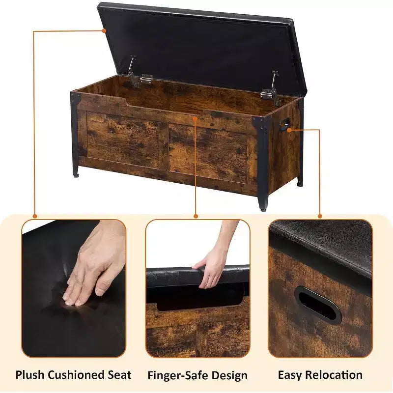 Banc de rangement rétro avec charnières de sécurité – Capacité de 136 kg, Pouf d'entrée
