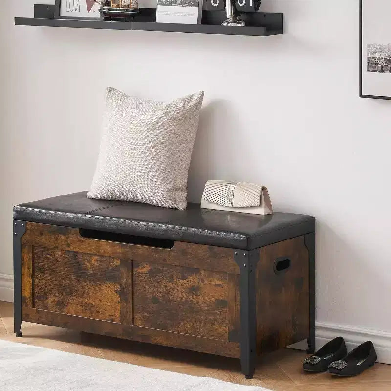 Banc de rangement rétro avec charnières de sécurité – Capacité de 136 kg, Pouf d'entrée