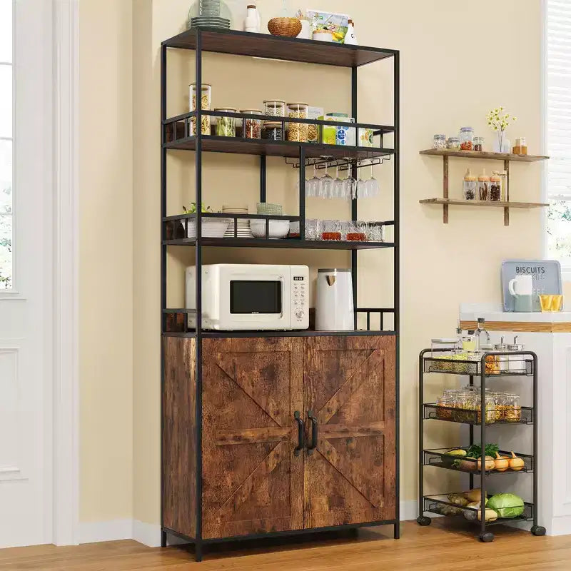 Meuble de bar haut à 5 niveaux avec casier à vin, support à verres et placard – Capacité de 68 kg