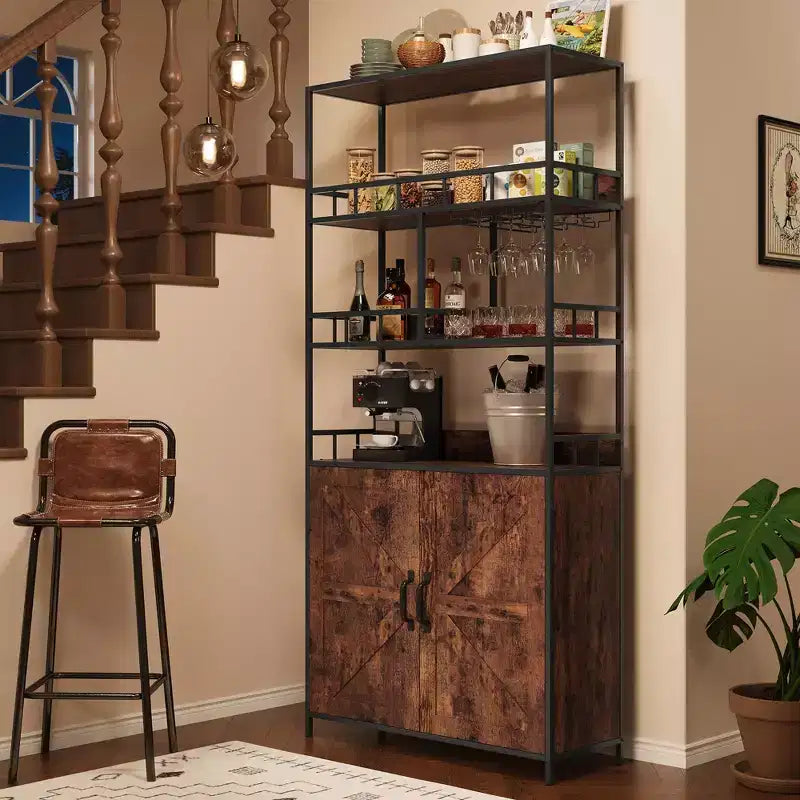 Meuble de bar haut à 5 niveaux avec casier à vin, support à verres et placard – Capacité de 68 kg
