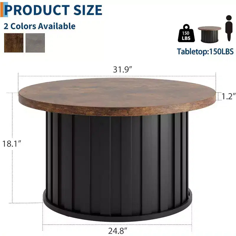 Table basse ronde de style Mid-Century – Design cannelé de 81 cm avec base en métal, Marron