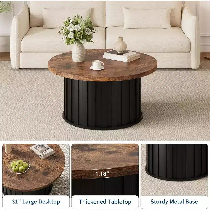 Table basse ronde de style Mid-Century – Design cannelé de 81 cm avec base en métal, Marron