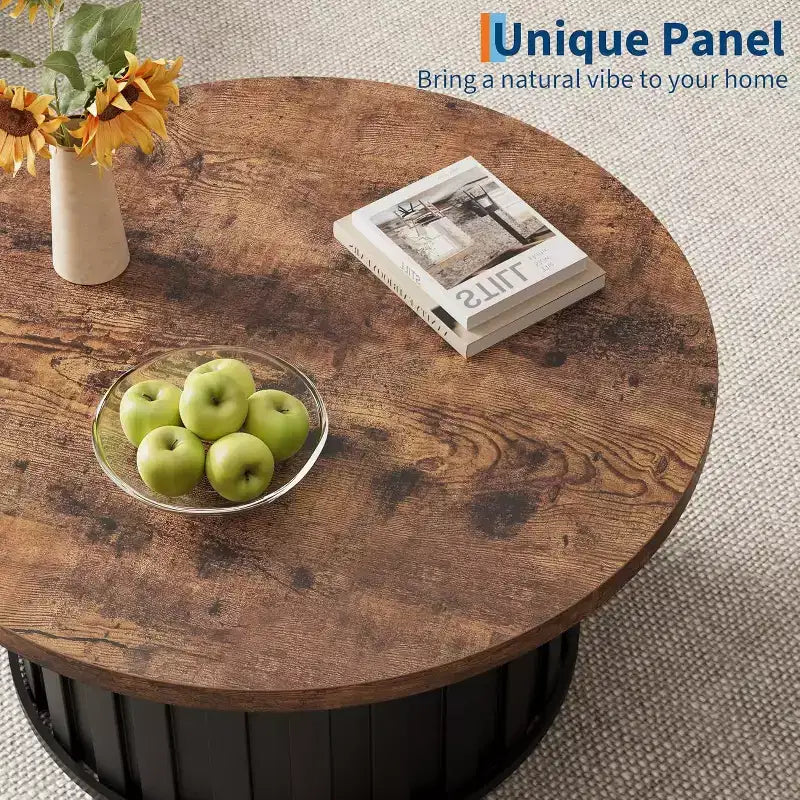 Table basse ronde de style Mid-Century – Design cannelé de 81 cm avec base en métal, Marron