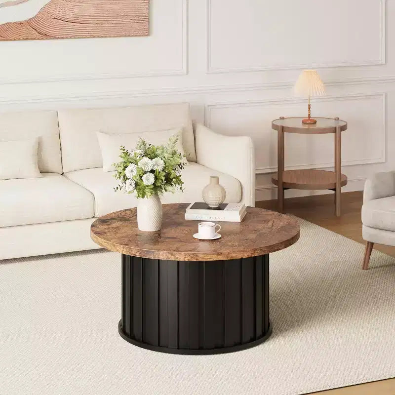 Table basse ronde de style Mid-Century – Design cannelé de 81 cm avec base en métal, Marron