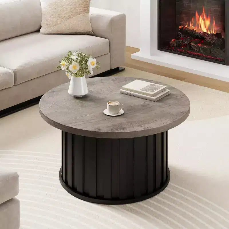 Table basse ronde de style Mid-Century – Design cannelé de 81 cm avec base en métal, Marron