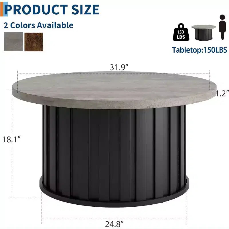Table basse ronde de style Mid-Century – Design cannelé de 81 cm avec base en métal, Marron