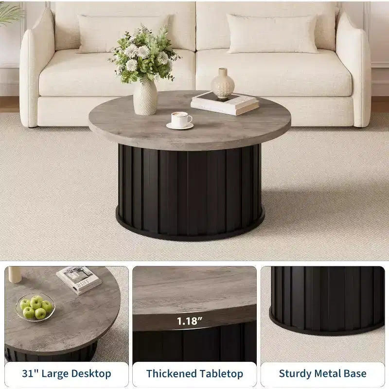 Table basse ronde de style Mid-Century – Design cannelé de 81 cm avec base en métal, Marron