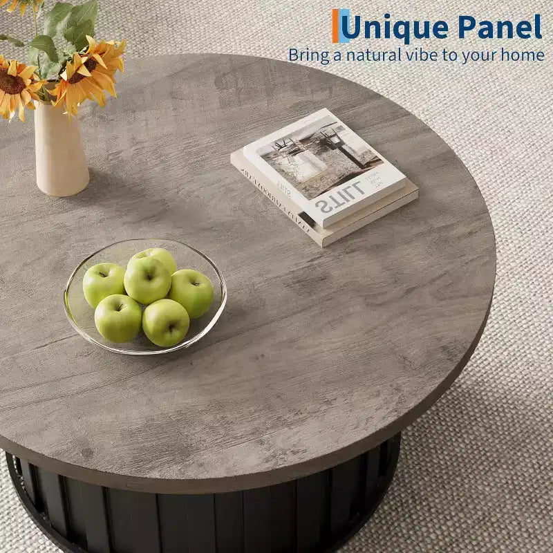 Table basse ronde de style Mid-Century – Design cannelé de 81 cm avec base en métal, Marron