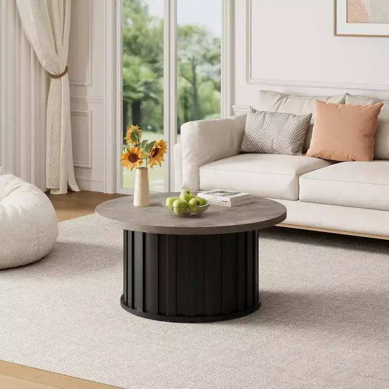 Table basse ronde de style Mid-Century – Design cannelé de 81 cm avec base en métal, Marron