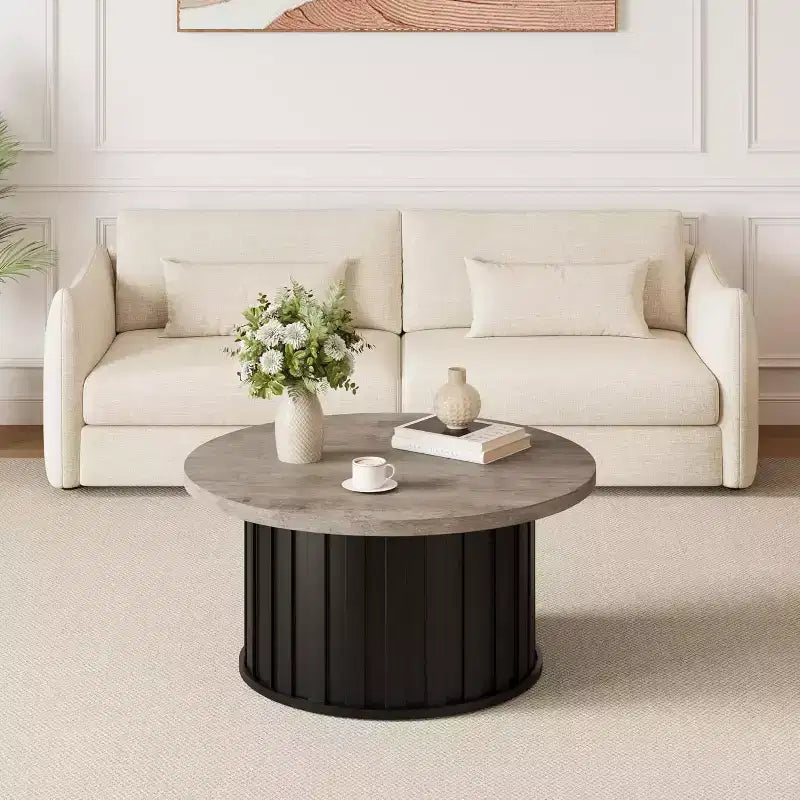 Table basse ronde de style Mid-Century – Design cannelé de 81 cm avec base en métal, Marron