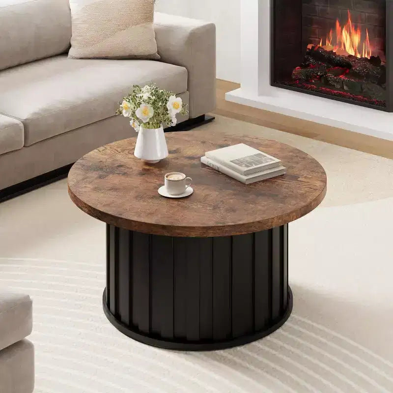 Table basse ronde de style Mid-Century – Design cannelé de 81 cm avec base en métal, Marron