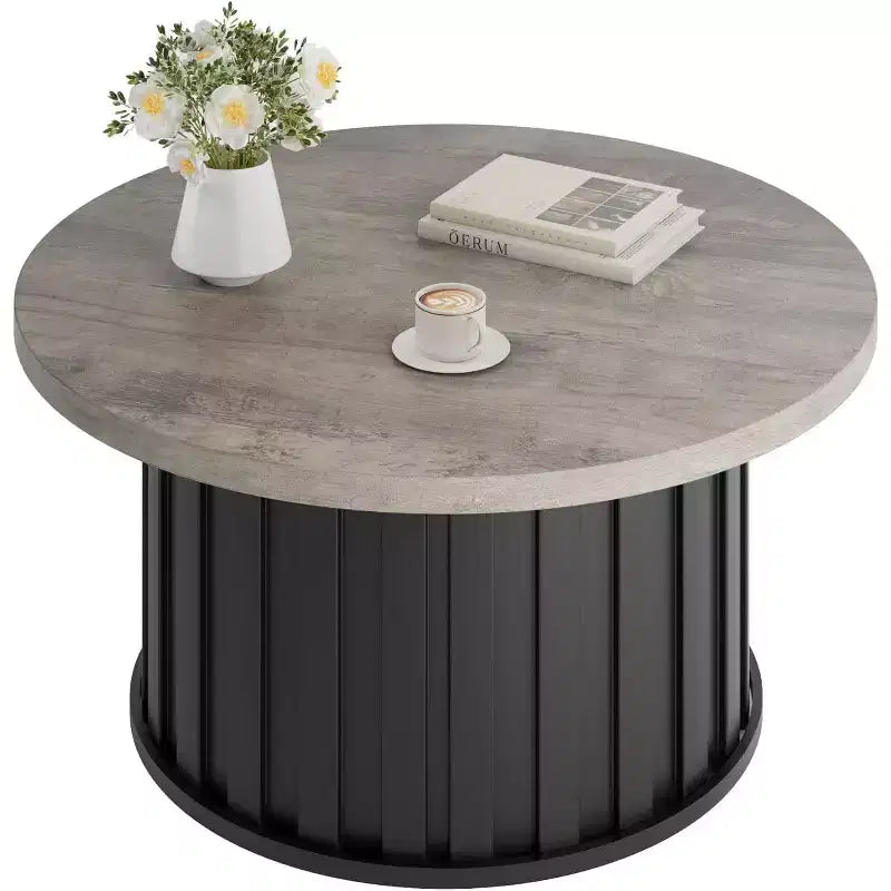 Round Coffee Table, Mid Century Modern Coffee Table with Metal Base, 31.9 Fluted Center Table for Living Room, Home Small Space, Apartment
