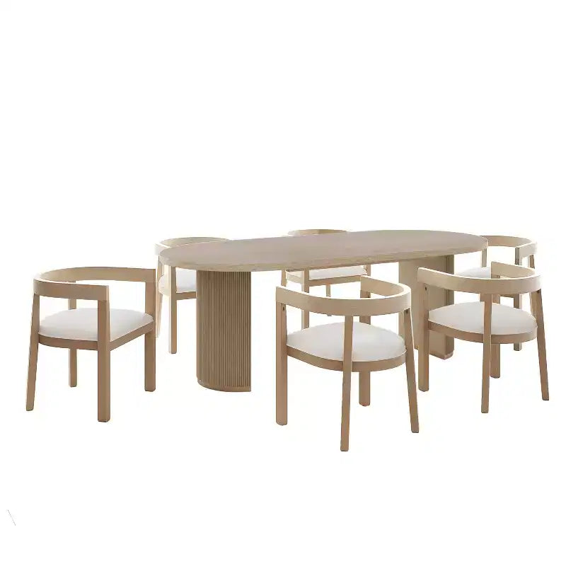Ensemble de salle à manger rustique 7 pièces en hévéa – Table ovale 224 cm et 6 fauteuils rembourrés