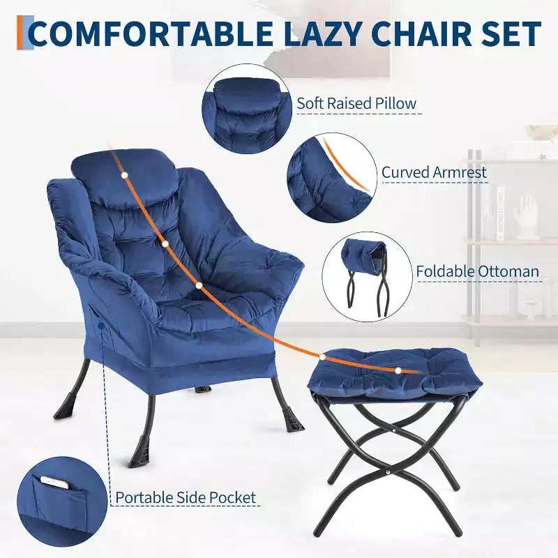 Lot de 2 chaises de salon avec pouf et pochette latérale – Chaise de lecture ergonomique