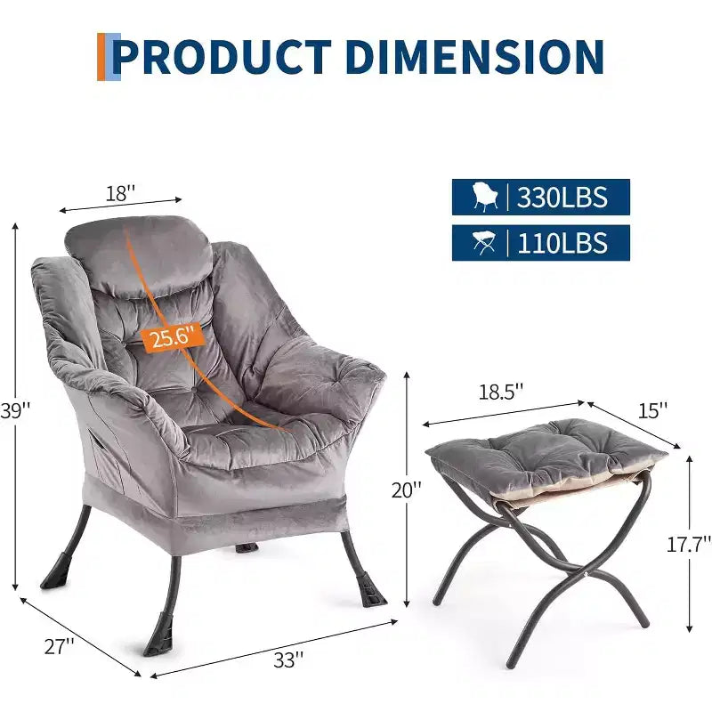 Lot de 2 chaises de salon avec pouf et pochette latérale – Chaise de lecture ergonomique