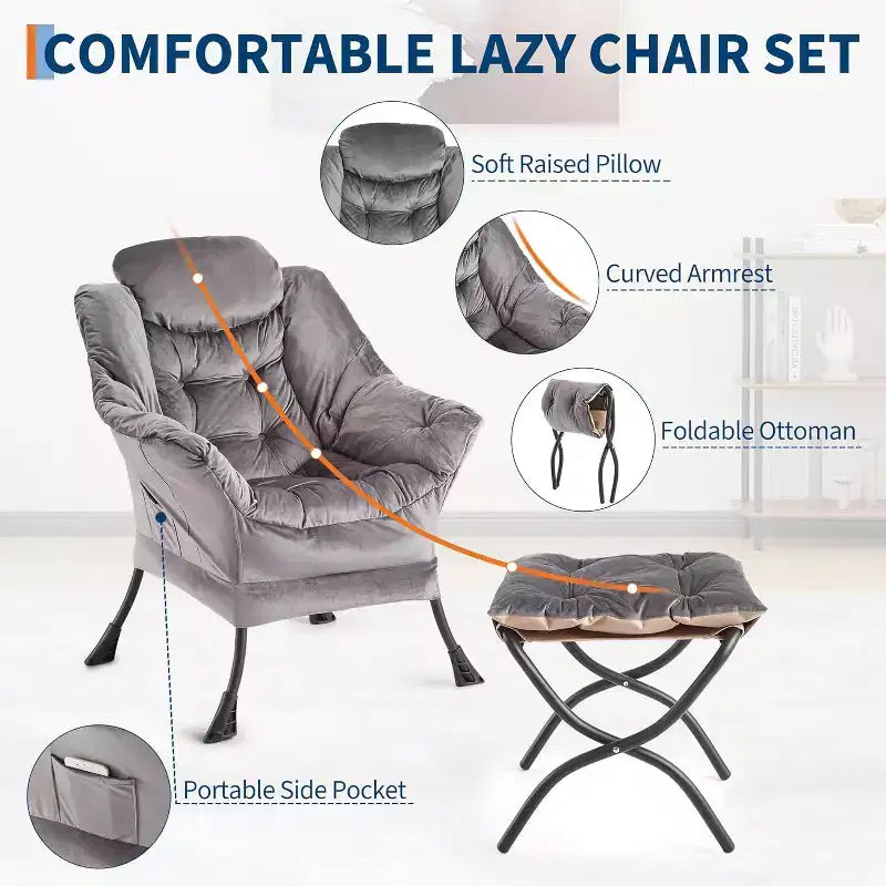 Lot de 2 chaises de salon avec pouf et pochette latérale – Chaise de lecture ergonomique