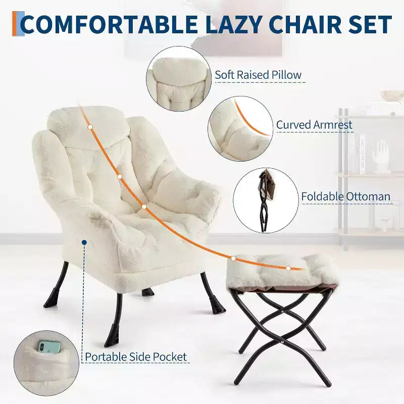 Lot de 2 chaises de salon avec pouf et pochette latérale – Chaise de lecture ergonomique