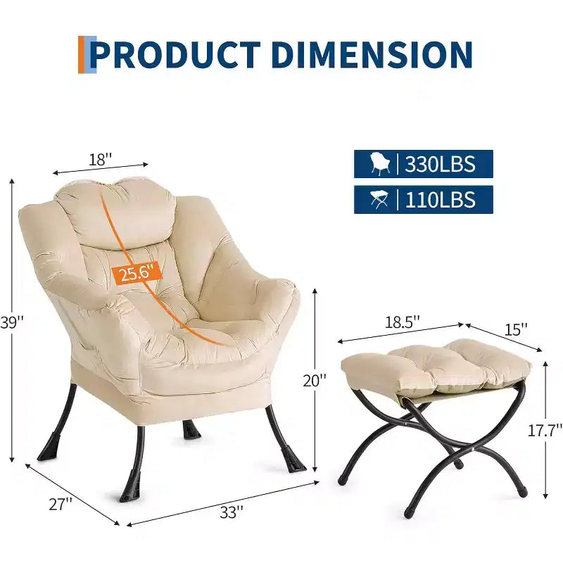 Lot de 2 chaises de salon avec pouf et pochette latérale – Chaise de lecture ergonomique