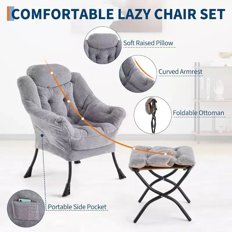 Lot de 2 chaises de salon avec pouf et pochette latérale – Chaise de lecture ergonomique