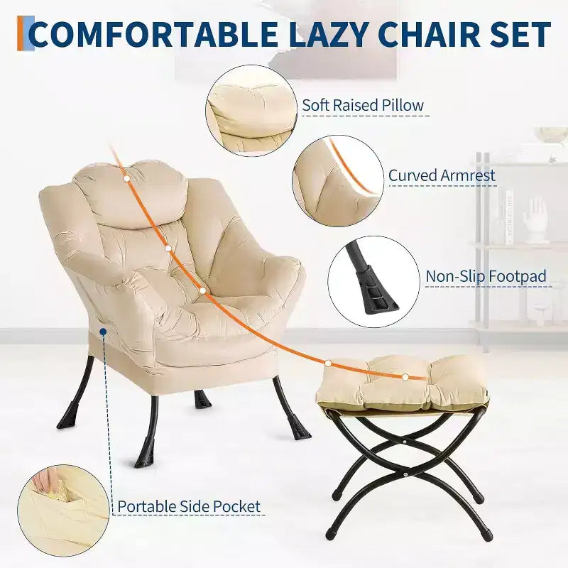 Lot de 2 chaises de salon avec pouf et pochette latérale – Chaise de lecture ergonomique